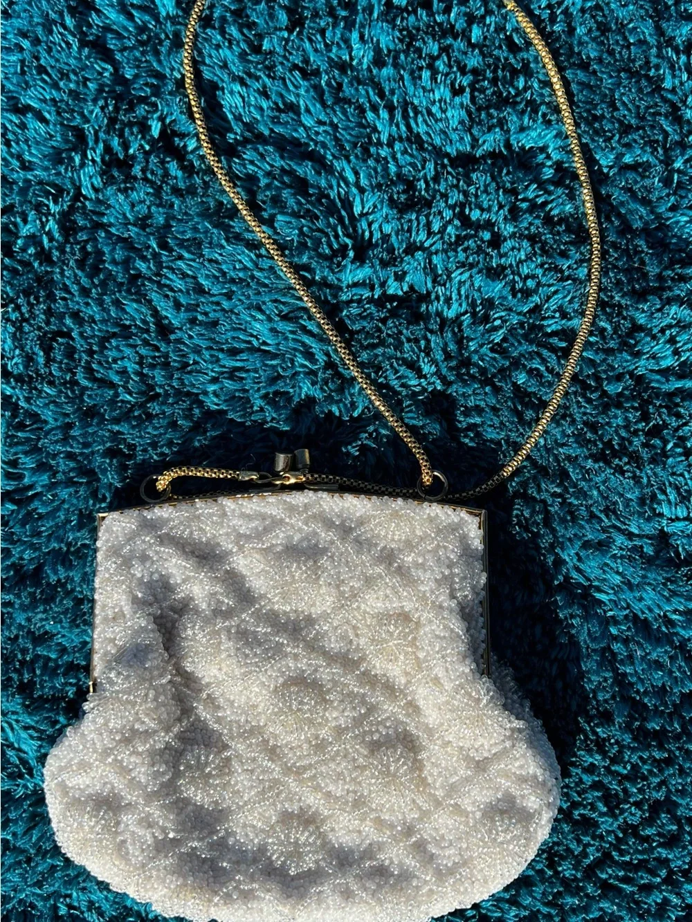 Vintage Ivory Beaded Clutch Purse Gold Chain Made in Hong Kong Hand Made